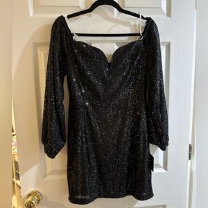 Black sequined long sleeve mini dress